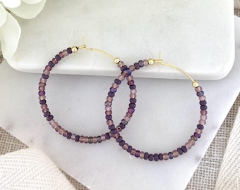 AMETHYST AURA | Purple Seed Bead Hoop Earrings 1.5” | 18k Gold-Plated or Silver-Plated Wire Hoops