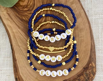 NAVY BLUE | Personalized Name Stretch Bracelet | Gold Plated | Custom Word Bracelets | Seed Bead | Gold Heart Beaded | Custom Length Size