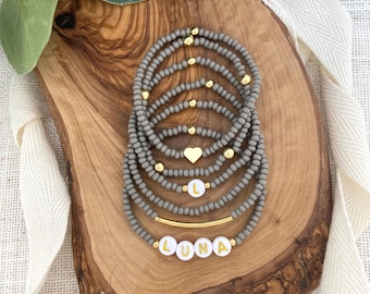 STONE | Gray Personalized Name Bracelet Set | Affirmation or Goal Reminder Jewelry | Kids Name Stack for Mom | Neutral Classy Gold Accent