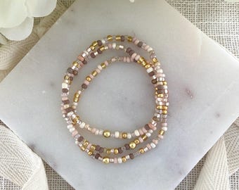 SUNLIT SANDS | Beaded Stretch Bracelets | Neutral Champagne Tan and Gold | 3mm Seed Bead Bracelets | Custom Christmas Gift for Moms or Teens