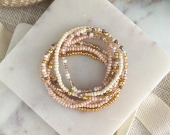 SHORE THING | 8 Piece Tan and Gold Beaded Bracelet Stack | Neutral Custom Size Stretch Jewelry | Curated Collection