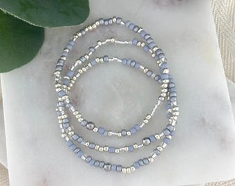 SILVER LINING | Beaded Stretch Bracelets | 3mm Seed Bead Jewelry | Custom Size | Mixed Bead Gray and Metallic | Dainty Stacking Layers