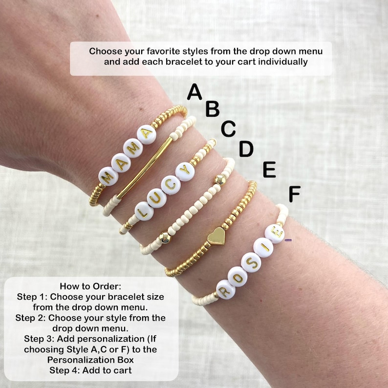 May include: A collection of personalized bracelets spelling out "MAMA", "LUCY", and "ROSIE" in white letter beads. Other bracelets feature gold beads and a gold heart charm. Instructions are included.