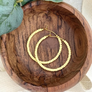 BUTTER YELLOW | Beaded Hoop Earrings 1.5” | Solid Color Seed Bead Jewelry | Soft Pastel Dangle Earrings | Gold Hoops | Hypoallergenic
