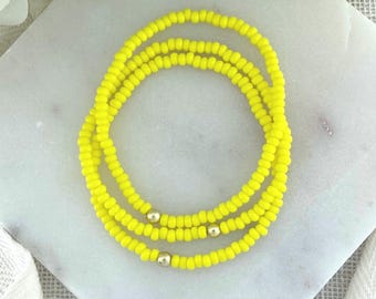 LEMON | Yellow Beaded Bracelets | Custom Size Unisex Stretch Jewelry for Men and Women with Gold or Stainless Accent