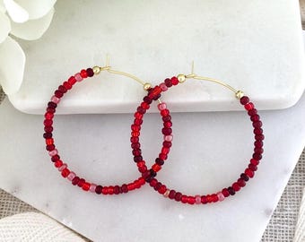 RUBY RUSH | Red Beaded Hoop Earrings 1.5” | 18k Gold-Plated or Silver-Plated Wire Hoops