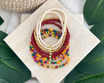 PEAK SEASON | 8 Piece Fall Beaded Stretch Bracelet Set | Custom Size Thanksgiving Stack | Burgundy, Purple, Orange | Curated Collection