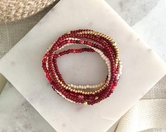 LOVE LANGUAGE | 8 Piece Ruby Red and Ivory Beaded Stretch Bracelet Set | Gold or Silver Finish | Custom Fall Stack | Curated Collection
