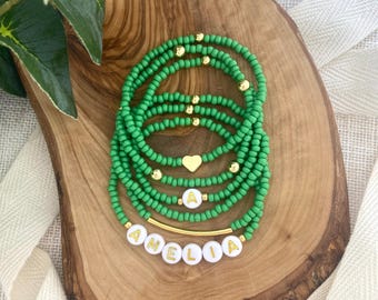 KELLY | Green Personalized Name Stretch Bracelet | Custom Word Bracelet | Gold Accent Jewelry | Initial Bracelet | 3mm Solid Seed Bead Stack