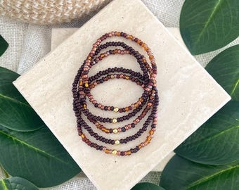 THE BRONZE STACK | 5 Piece Brown Beaded Bracelet Set | Custom Stretch Jewelry | Gold Accent | Color Couples Collection
