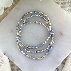 Silver Beaded Bracelet Gift Bohemian Dainty Stretch Bracelets Handmade Glass Seed Bead Minimalist Stack Gray Simple Boho Layering Jewelry