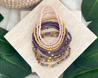 GILT TRIP | 8 Piece Purple and Gold Beaded Stretch Bracelet Set | Custom Size Fall Stack | Jewel Tone Moody Stack |  Curated Collection