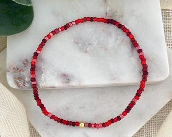 RUBY RUSH | Mixed Beaded Anklet for Women | Custom Size Stretch Ankle Bracelet with Stainless Steel or 18k Gold Accent