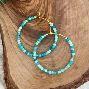 TEAL TIDES | Coastal Blue Beaded Hoop Earring 1.5” | 3mm Seed Bead Gold Hoops | Beaded Dangle Earrings | Full Hoops | Hypoallergenic