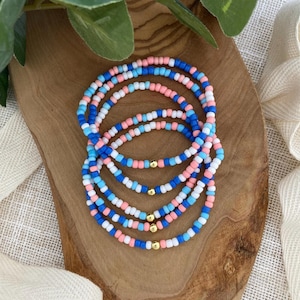 COASTAL CHARM | Blue Peach & White Beaded Stretch Bracelets | Custom Size Bracelets | Choose Your Stack | Beach Jewelry | Multi Colorful