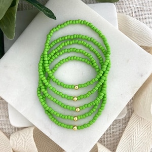 LIME | Green Beaded Bracelets | Custom Size Unisex Stretch Jewelry for Men and Women with Gold or Stainless Accent