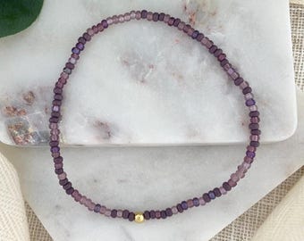 AMETHYST AURA | Beaded Anklet for Women | Custom Size Stretch Ankle Bracelet with Stainless Steel or 18k Gold Accent