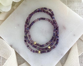AMETHYST AURA | Dark Moody Purple Stretch Beaded Bracelets | 18k Gold or Stainless Accent | Seed Bead Jewelry | Dainty Layering Stack