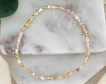 SUNLIT SANDS | Beaded Anklet for Women | Neutral Tan Champagne and Gold Custom Size Stretch Ankle Bracelet with 18k Gold Accent