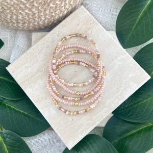 May include: A stack of five circular beaded bracelets featuring light pink and soft beige seed beads. Each bracelet is accented with small, polished gold-tone metallic beads spaced evenly throughout the strands, creating a uniform and delicate appearance.