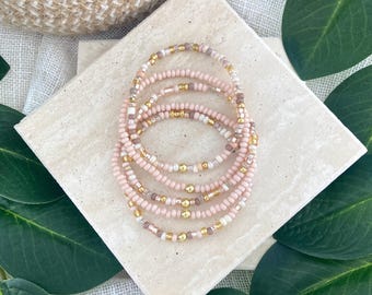 THE SAND STACK | 5 Piece Tan and Gold Beaded Bracelet Set | Custom Stretch Jewelry | Gold Accent | Color Couples Collection