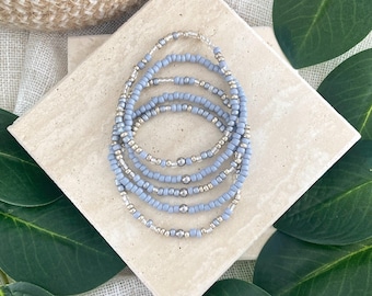 THE SILVER STACK | 5 Piece Gray Beaded Bracelet Set | Custom Stretch Jewelry | Stainless Steel Accent | Color Couples Collection
