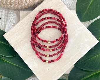 THE RUBY STACK  | 5 Piece Beaded Bracelet Set | Burgundy Red Custom Stretch Jewelry | Gold or Stainless Accent | Color Couples Collection