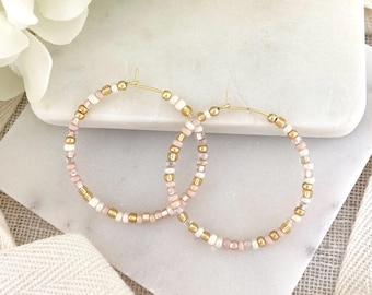 SUNLIT SANDS | Neutral Tan and Gold Seed Bead Hoop Earrings 1.5” | 18k Gold-Plated Wire Hoops