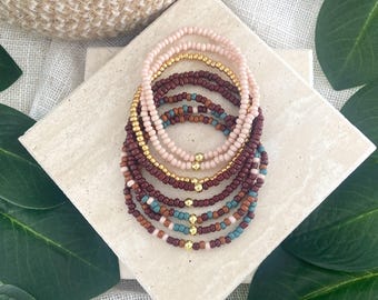 CABIN FEVER | 8 Piece Blue and Brown Stretch Beaded Bracelet Stack | Gold or Silver Finish | Custom Size Fall Set | Curated Collection