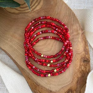 RUBY RUSH | Red Seed Bead Stretch Bracelets | Gold Accent | 3mm Seed Bead Jewlery | Custom Size | Festive Holiday Patriotic Bracelets