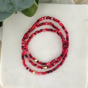 RUBY RUSH | Red Seed Bead Stretch Bracelets | Gold Accent | 3mm Seed Bead Jewlery | Custom Size | Festive Holiday Patriotic Bracelets