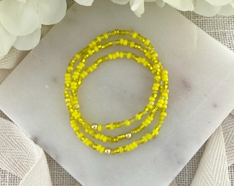 LEMON ICE | Bright Yellow Beaded Bracelets | Custom Size Stretch Jewelry  with Gold or Stainless Accent Bead