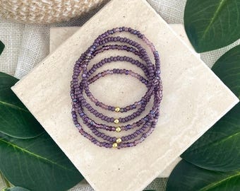 THE AMETHYST STACK | 5 Piece Purple Seed Beaded Bracelet Set | Custom Stretch Jewelry | Gold or Stainless Accent | Color Couples Collection