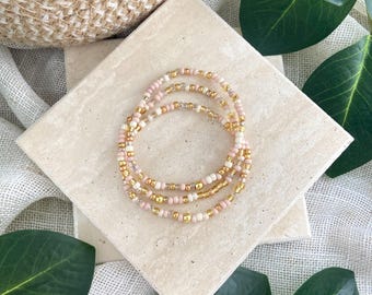 SUNLIT SANDS | Beaded Stretch Bracelets | Neutral Champagne Tan and Gold | 3mm Seed Bead Bracelets | Custom Christmas Gift for Moms or Teens