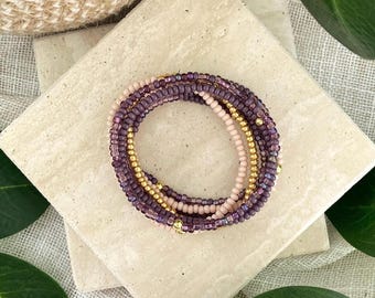 MIDNIGHT MUSE | 8 Piece Purple and Tan Beaded Stretch Bracelet Set | Gold or Silver Finish | Custom Size Fall Stack | Curated Collection