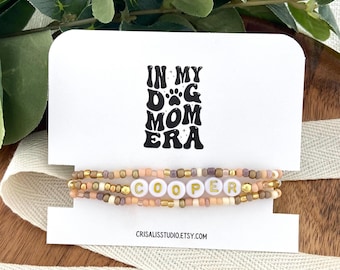 DOG MOM | Personalized Pet Name Bracelet Set | Set of 3 Seed Bead Stretch Bracelets | Pet Lover Gift | New Puppy Gift for Daughter