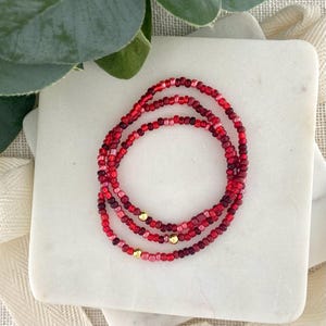 RUBY RUSH | Red Seed Bead Stretch Bracelets | Gold Accent | 3mm Seed Bead Jewlery | Custom Size | Festive Holiday Patriotic Bracelets
