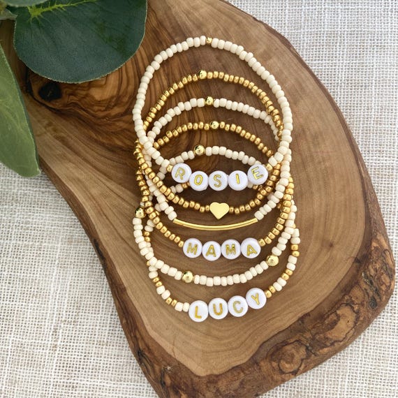 VANILLA | Cream White Personalized Word Bracelet | Stretch Kids Name Bracelet | Custom Beaded Bracelet | Stocking stuffer gift for Mom