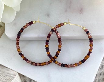 BRONZE BEAUTY | Brown Seed Bead Hoop Earrings 1.5” | 18k Gold-Plated Wire Hoops