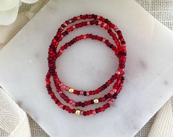 RUBY RUSH | Red Stretch Beaded Bracelets | Gold or Stainless Accent | Seed Bead Jewelry | Custom Size | Festive Holiday Patriotic Bracelets