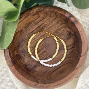 BUTTER YELLOW | Beaded Hoop Earrings 1.5” | Color Block Seed Bead Jewelry | Soft Pastel Dangle Earrings | Gold Hoops | Hypoallergenic