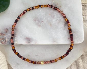BRONZE BEAUTY | Beaded Anklet for Women | Custom Size Stretch Ankle Bracelet with Stainless Steel or 18k Gold Accent
