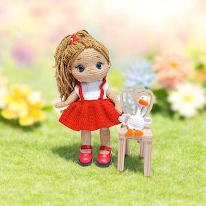 Muñeca de ganchillo hecha a mano de 27 cm con ganso / Estructura parcial de alambre / Ropa y zapatos extraíbles / Vestido rojo / Peinado intercambiable / Regalo de colección
