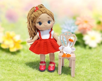 Handmade Crochet Doll with Goose | Red Dress, Changeable Hair