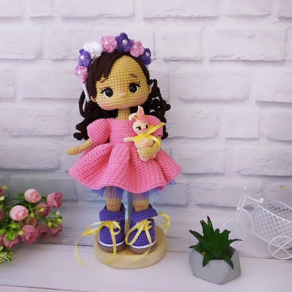 Handmade doll, beautiful doll, cute doll, pink dress doll, gift doll, amigurumi finished produkt sale, crochet doll, doll with toy, gift