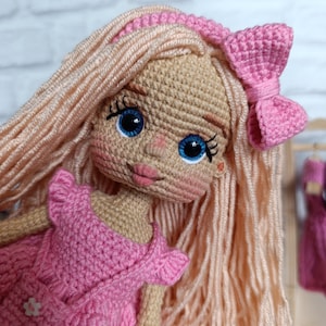 Handmade Crochet Doll 27 cm – Partly Wire Frame, Removable Dress & Headband, Bag, Hairstyling Doll