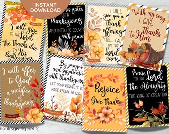 May include: Set of 8 printable Thanksgiving cards with autumnal floral designs and Bible verses about giving thanks. The cards feature quotes like "I will give to the Lord the thanks due to His righteousness" and "Praise to the Lord the Almighty, the King of Creation".
