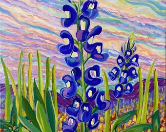Texas Bluebonnet Pastelltryck: Akrylmålning med vildblommor (digital nedladdning)