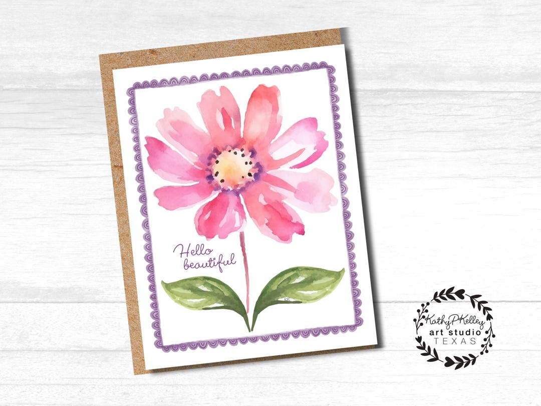Watercolor Flower Greeting Card - Pink Floral, Blank Inside - A2 Size ...