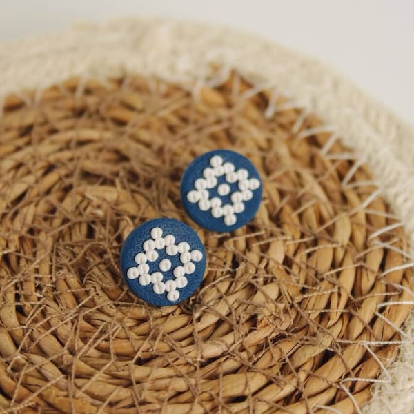 Small Cross Stitch Earrings, Spring Embroidery Design, Ukrainian Earrings, Western Cross Stitch Ornaments, Mexican Earrings, Blue Studs